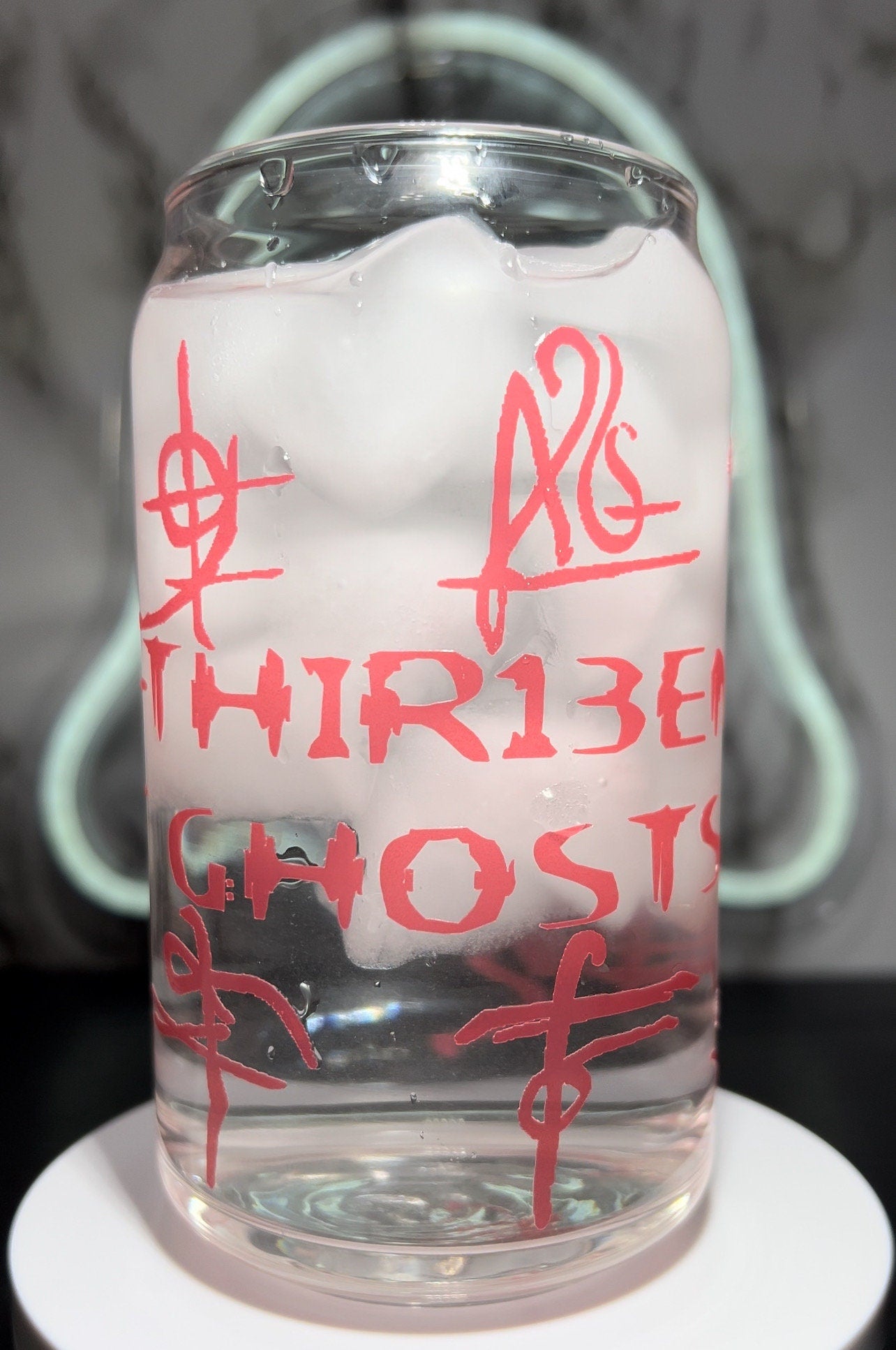 13 Ghosts Thirteen Ghosts color changing red permanent vinyl on a libbey beer can glass