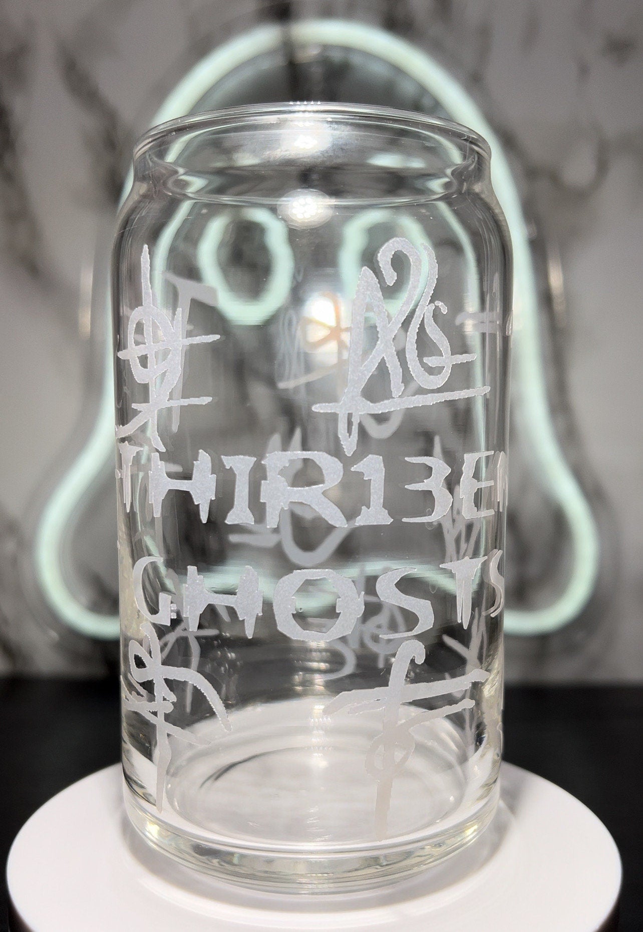 13 Ghosts Thirteen Ghosts color changing red permanent vinyl on a libbey beer can glass