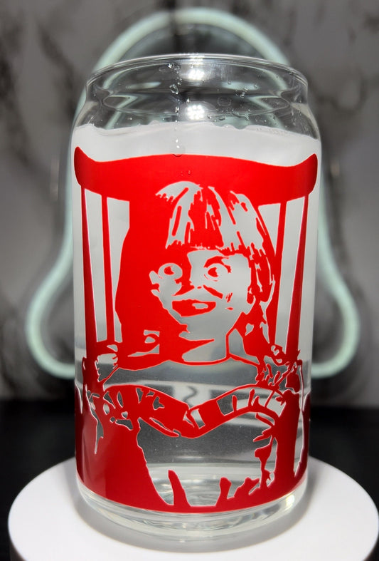 Annabelle The Conjuring color changing red permanent vinyl on a libbey beer can glass