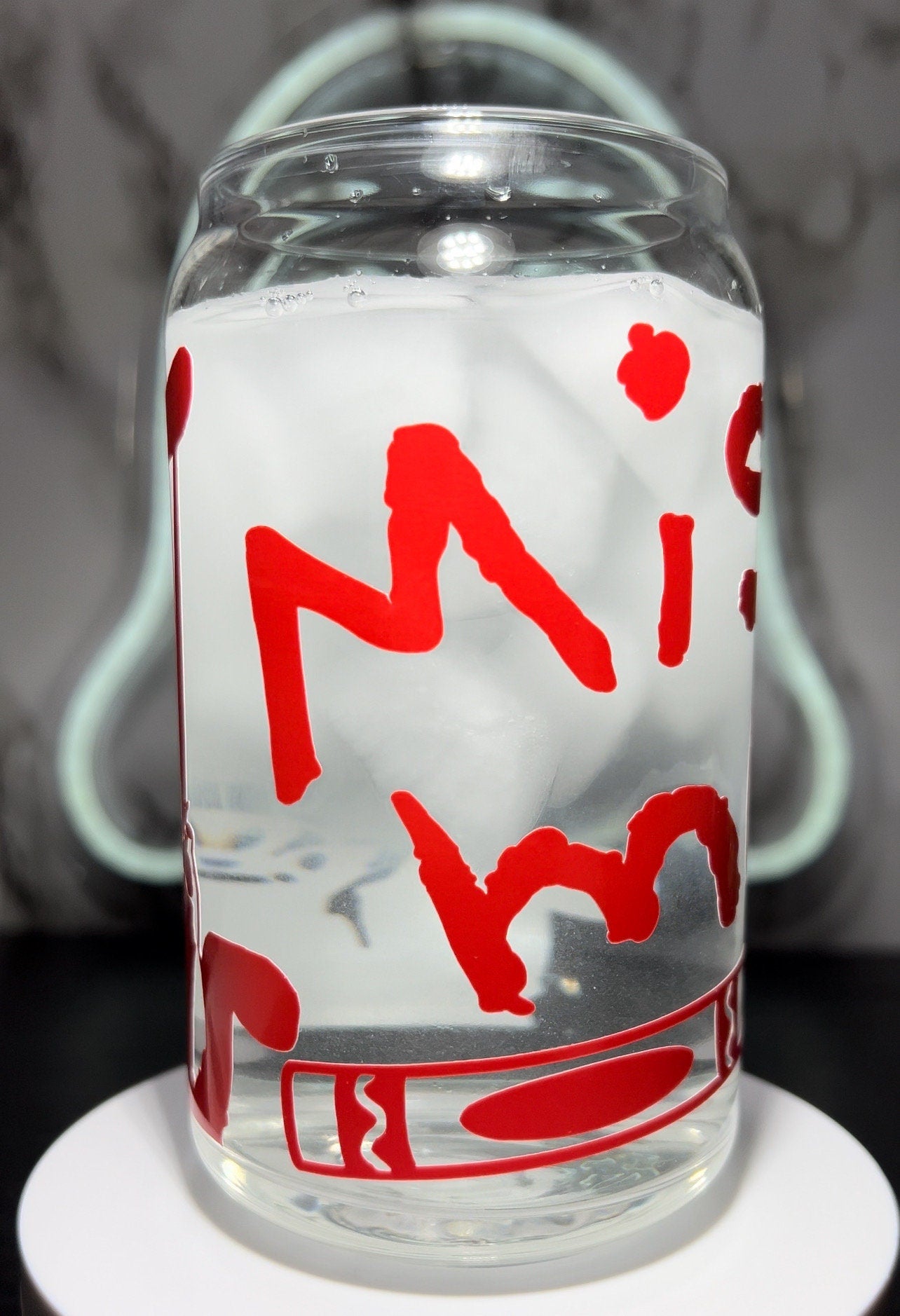 Annabelle The Conjuring color changing red permanent vinyl on a libbey beer can glass