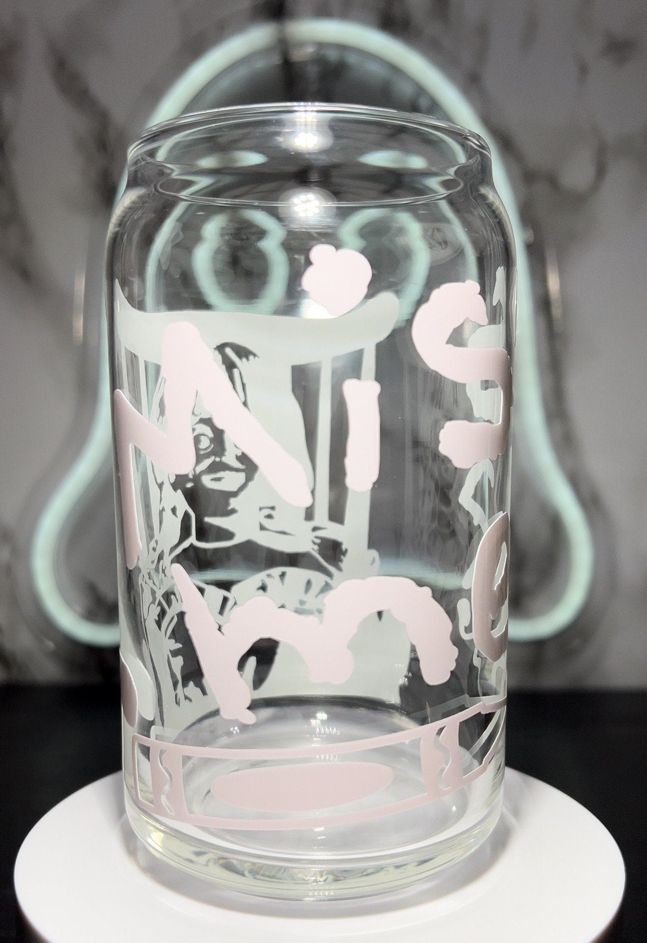 Annabelle The Conjuring color changing red permanent vinyl on a libbey beer can glass