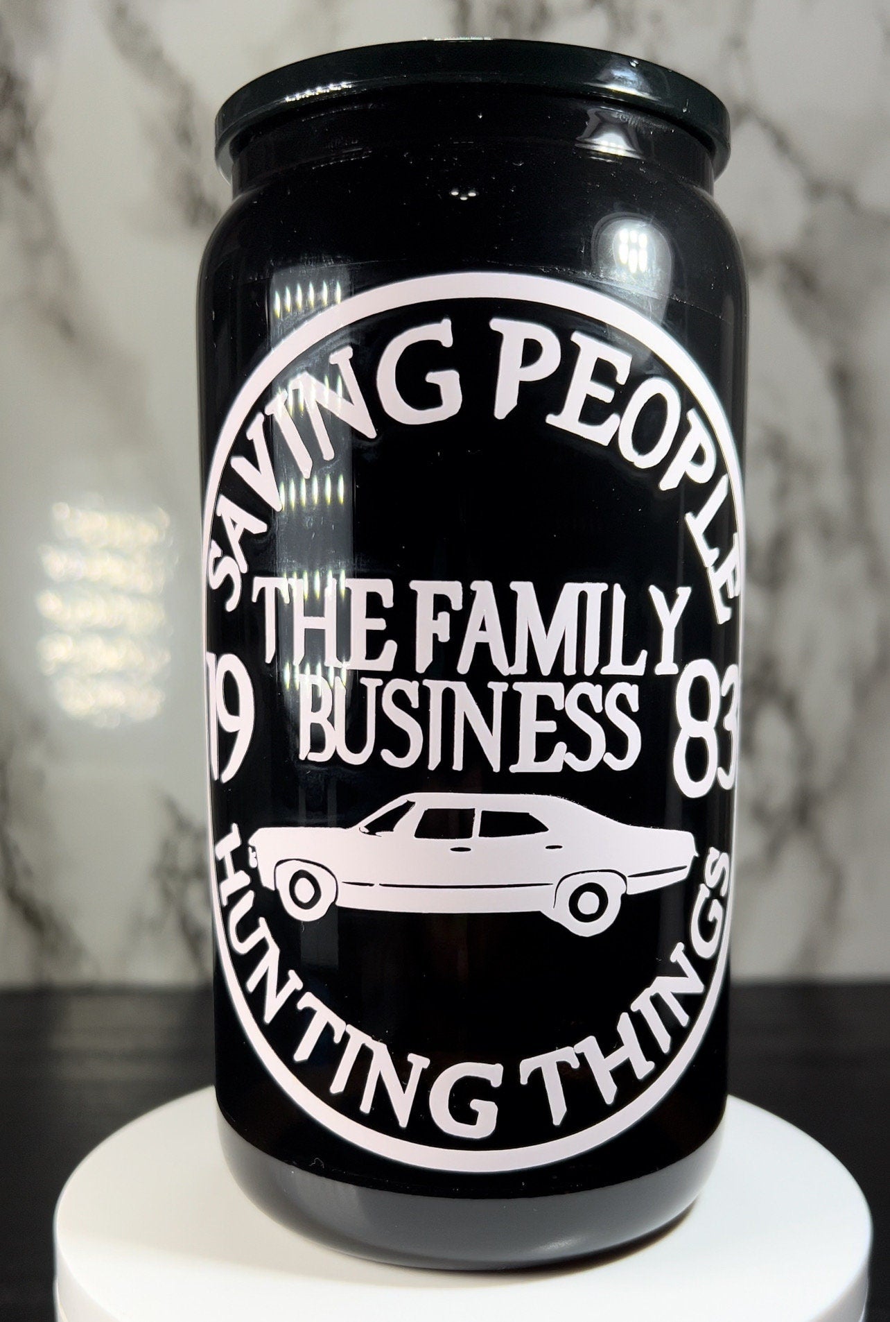 The Family Business - Supernatural color changing permanent vinyl on black beer can glass with matching acrylic lid & reusable straw.