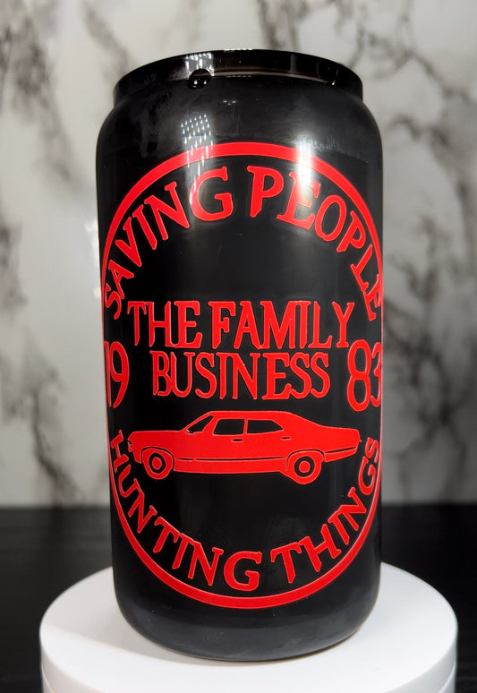 The Family Business - Supernatural color changing permanent vinyl on black beer can glass with matching acrylic lid & reusable straw.