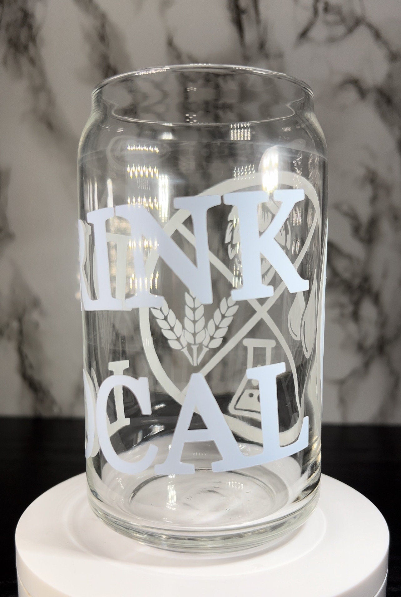 Drink Local Science of Beer blue color changing permanent vinyl on a libbey beer can glass.