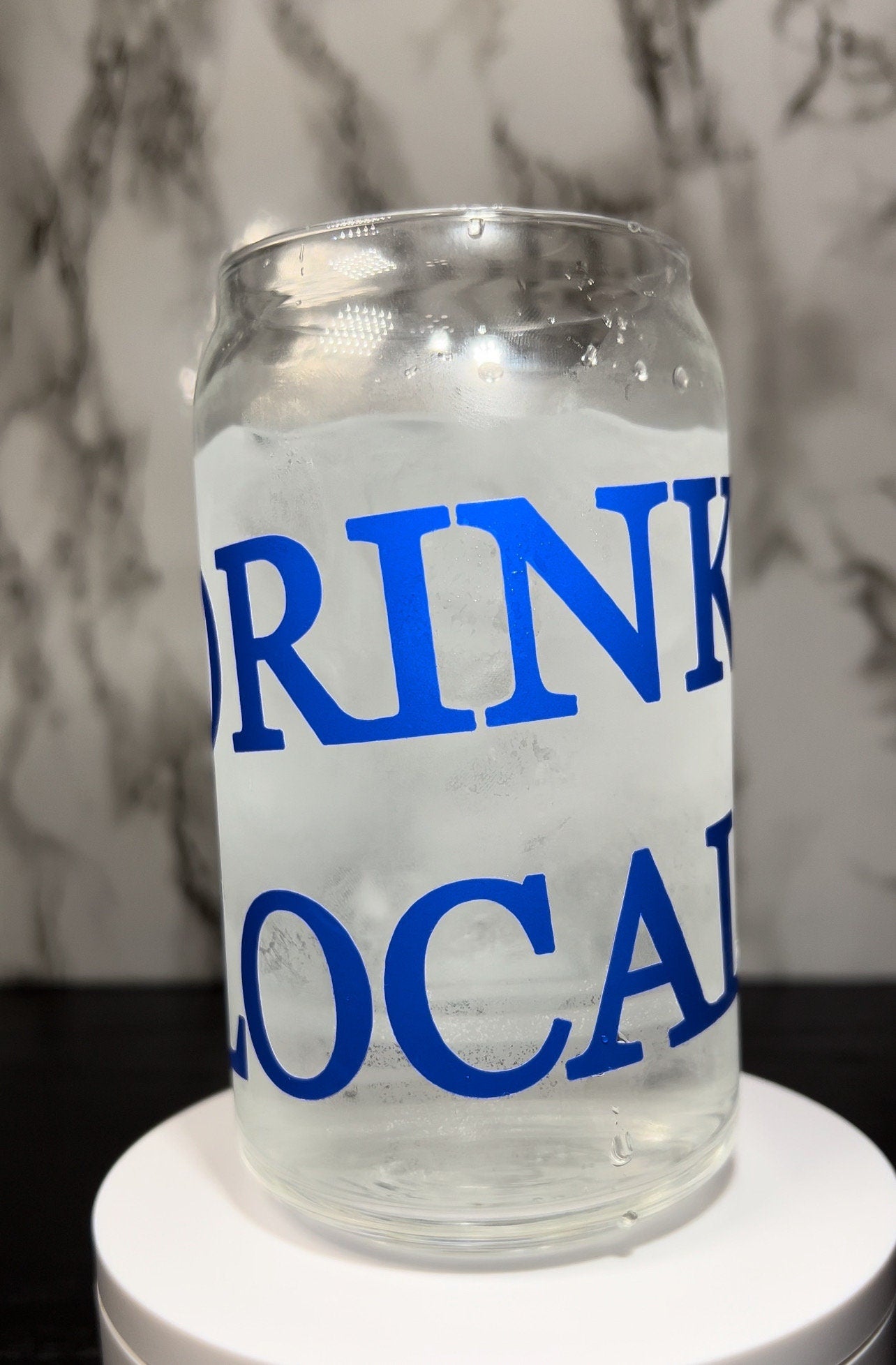 Drink Local Science of Beer blue color changing permanent vinyl on a libbey beer can glass.