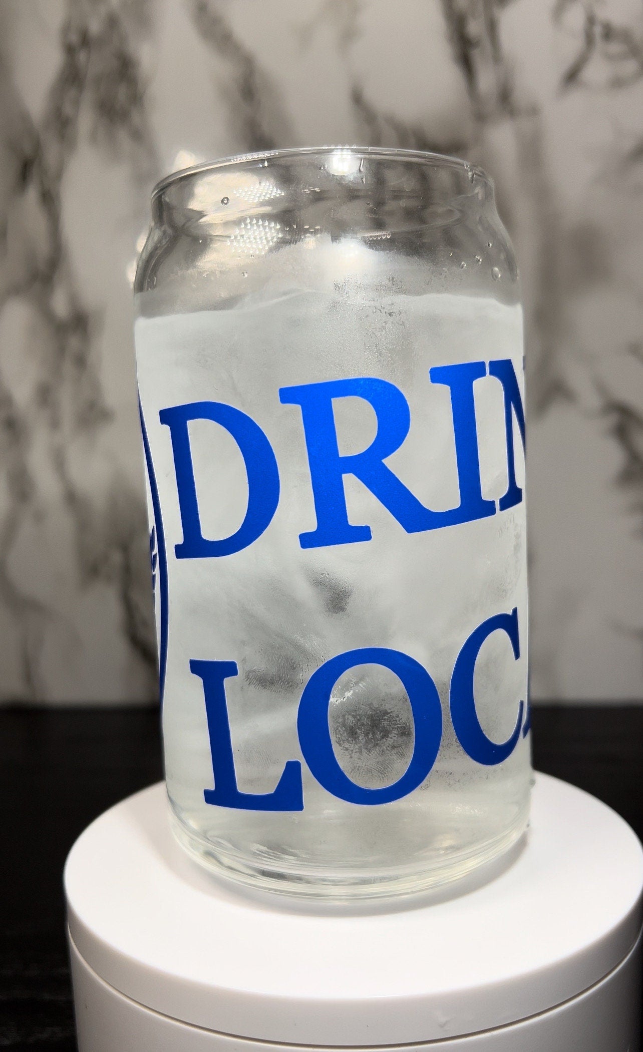 Drink Local Science of Beer blue color changing permanent vinyl on a libbey beer can glass.