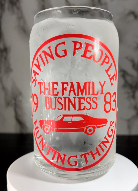 The Family Business - Supernatural color changing permanent vinyl on a libbey beer can glass