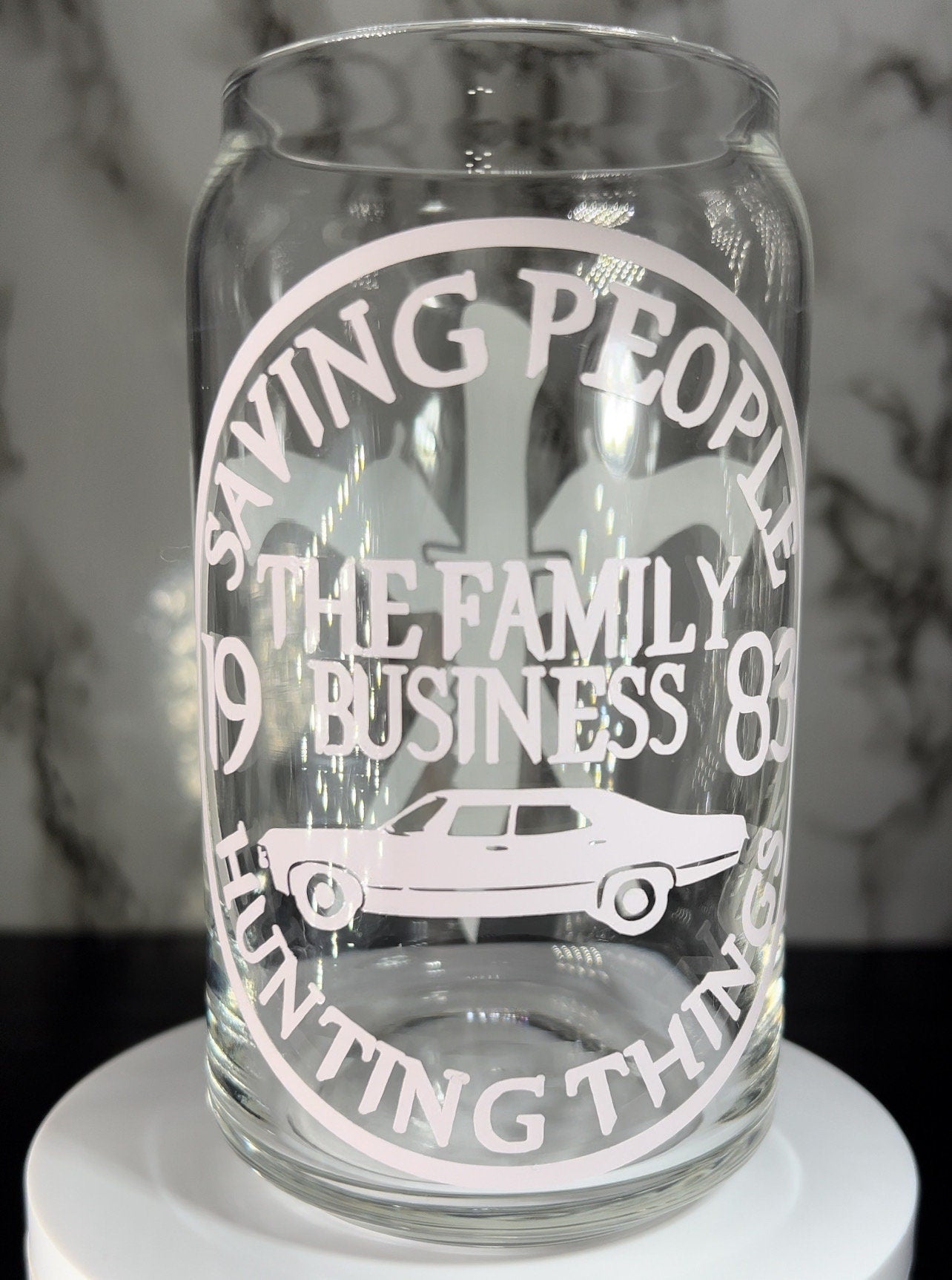 The Family Business - Supernatural color changing permanent vinyl on a libbey beer can glass