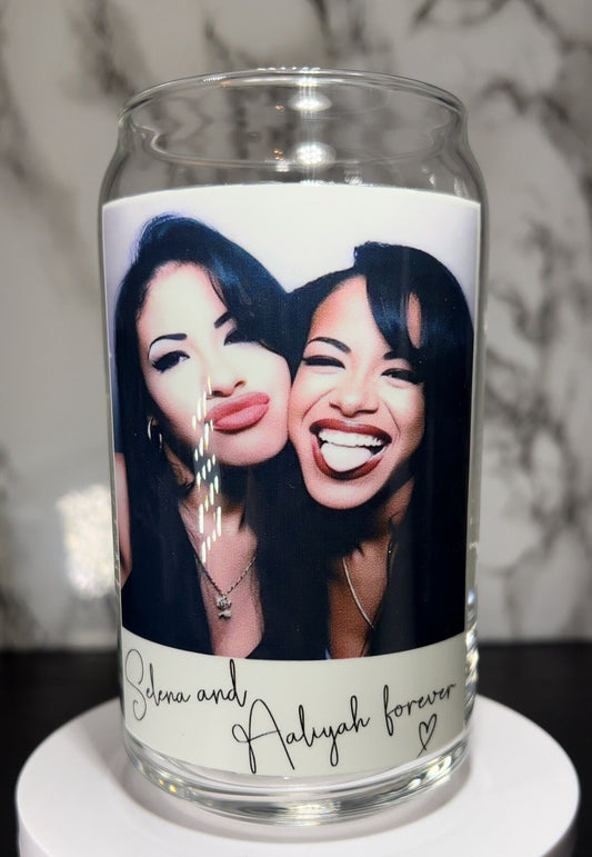 Selena & Aaliyah Forever Polaroid UVDTF on a libbey beer can glass