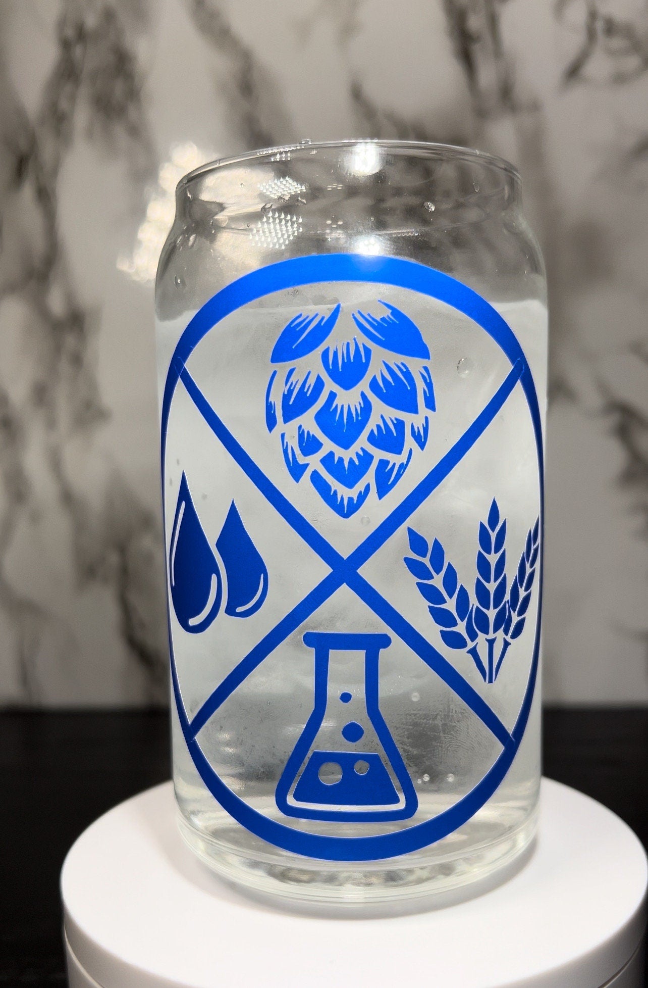 Drink Local Science of Beer blue color changing permanent vinyl on a libbey beer can glass.