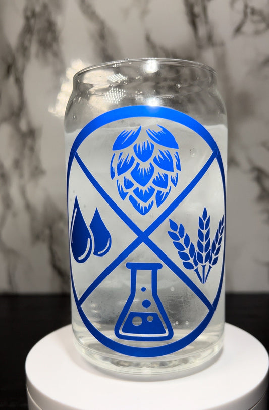 Drink Local Science of Beer blue color changing permanent vinyl on a libbey beer can glass.