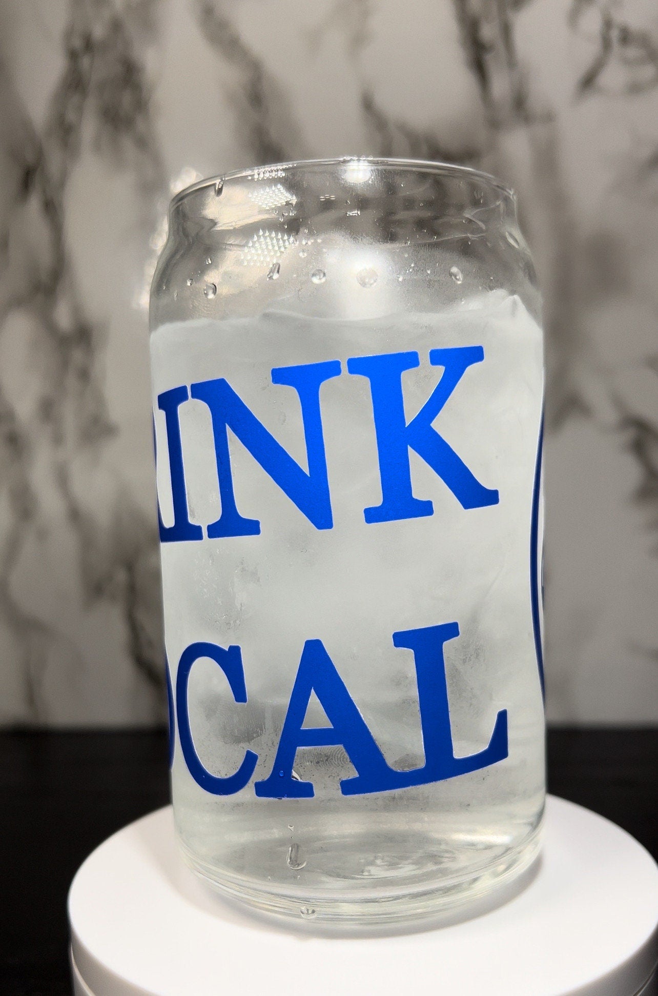 Drink Local Science of Beer blue color changing permanent vinyl on a libbey beer can glass.