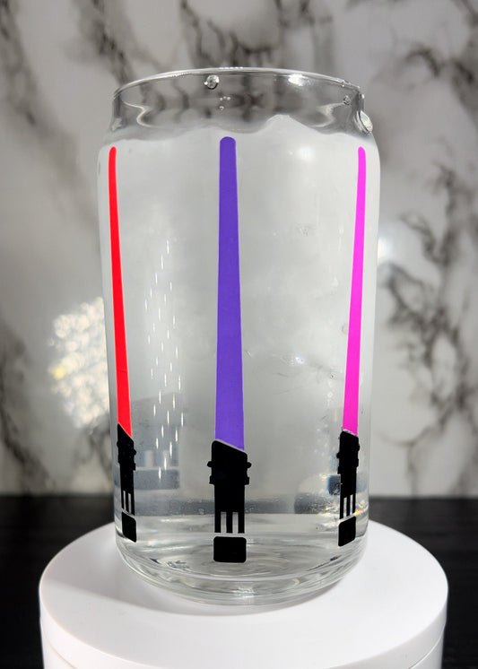 Star Wars Lightsabers color changing permanent vinyl on a libbey beer can glass