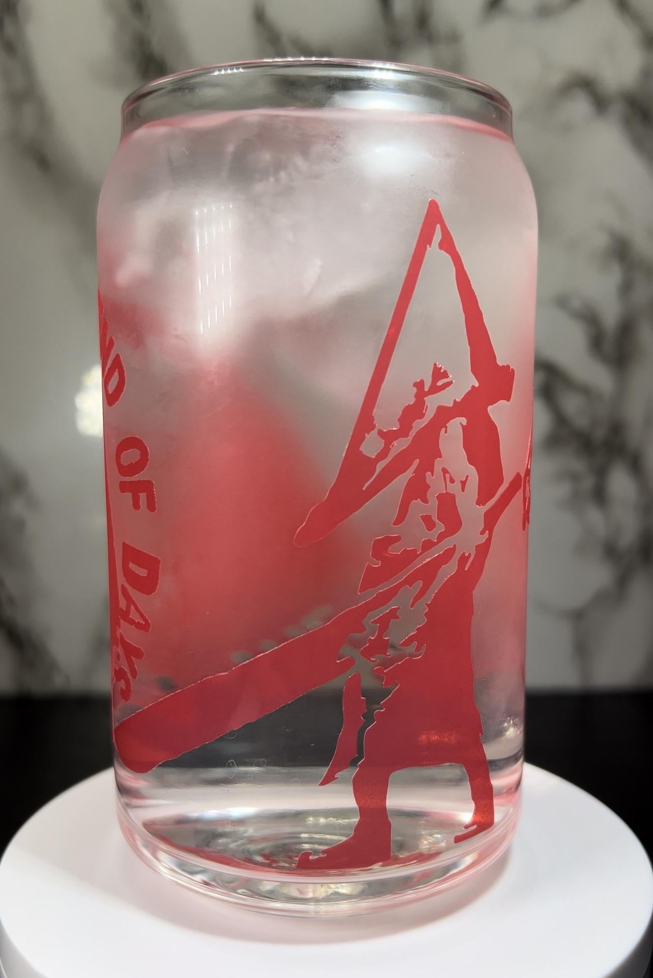 Silent Hill color changing permanent vinyl on a libbey beer can glass