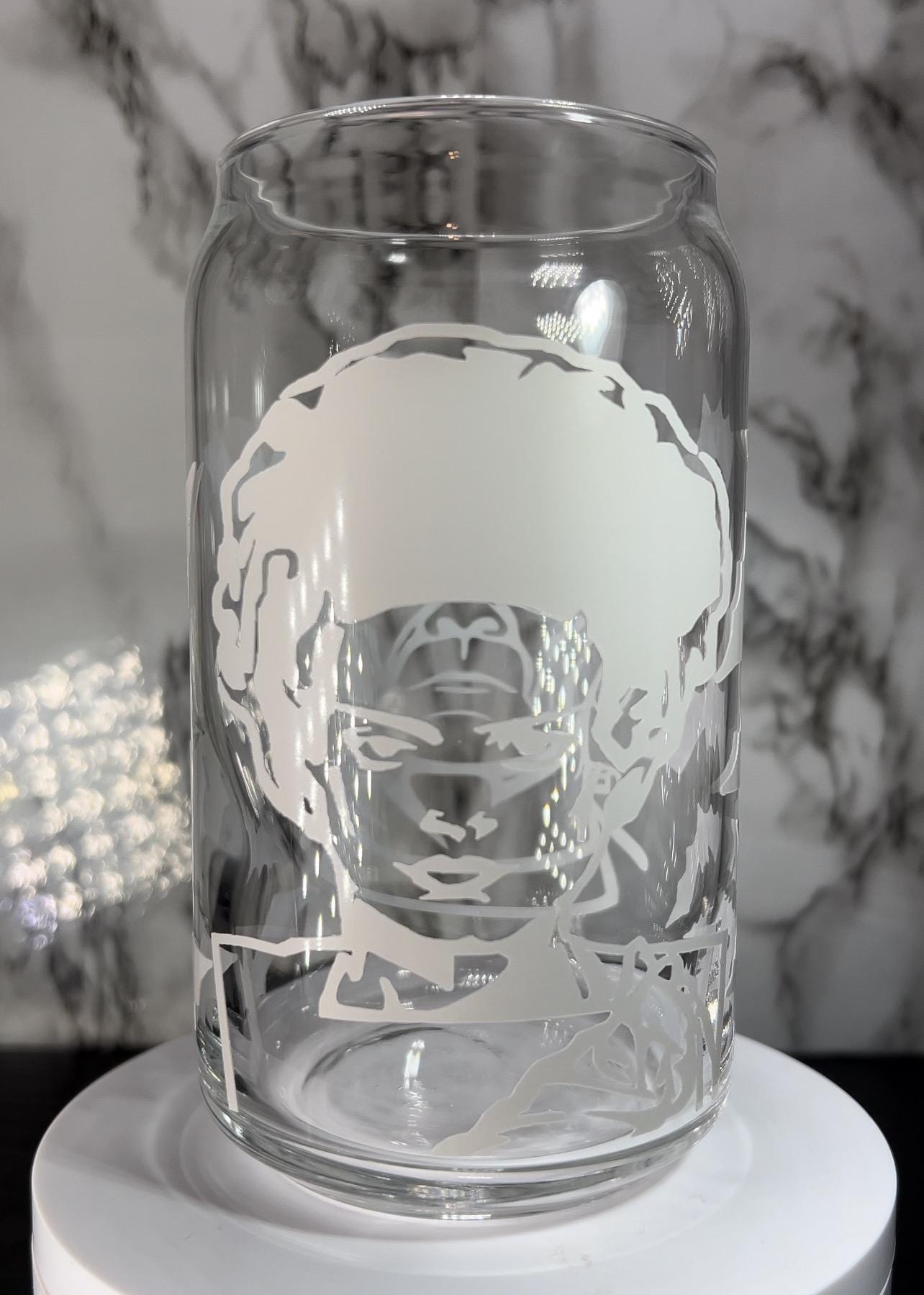Frankenstein & Bride of Frankenstein cold color changing permanent vinyl on a libbey beer can glass.