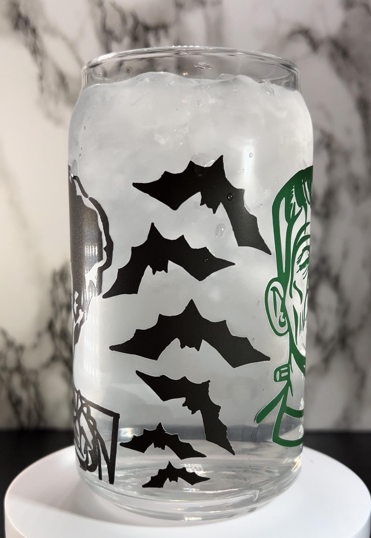 Frankenstein & Bride of Frankenstein cold color changing permanent vinyl on a libbey beer can glass.