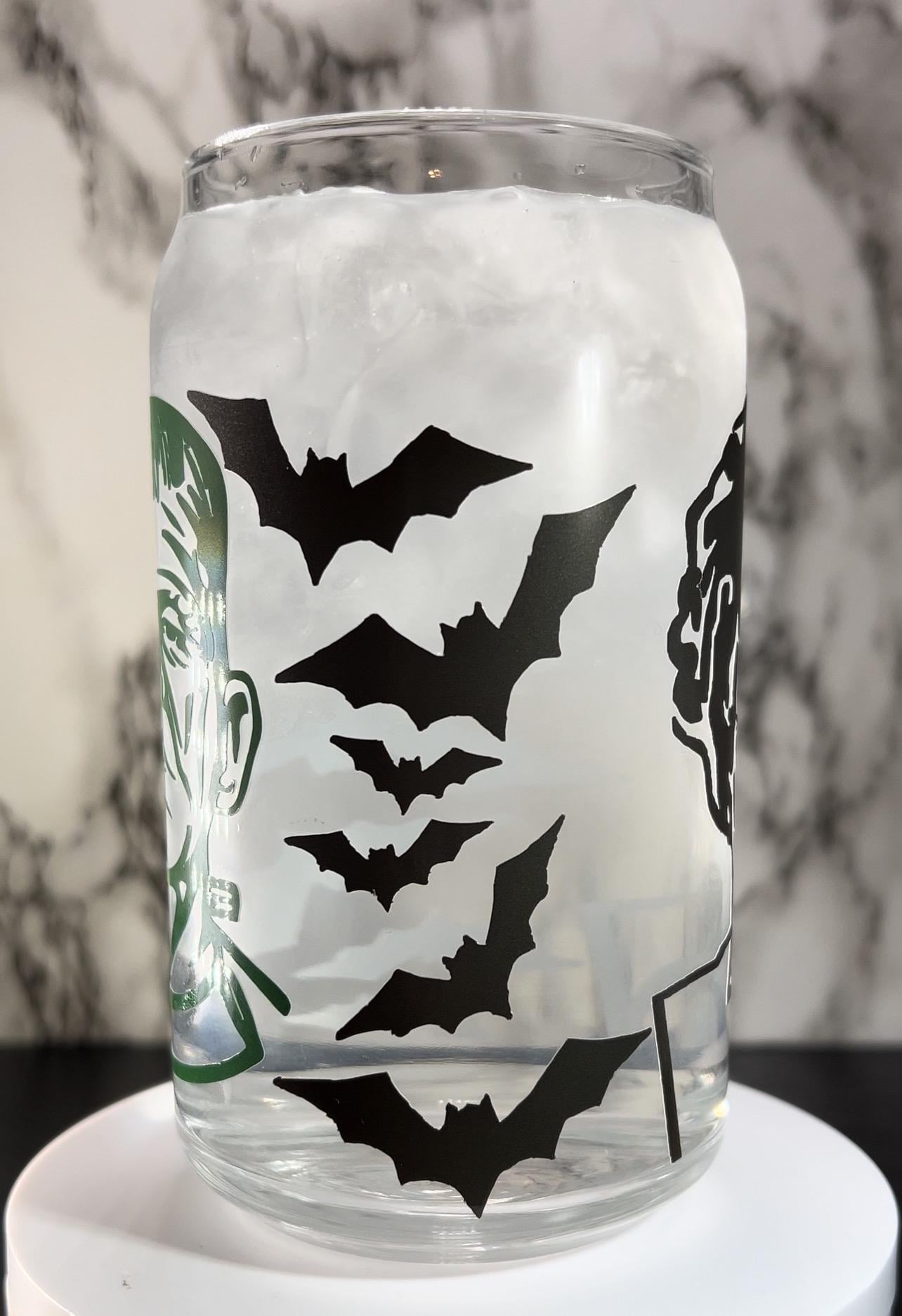 Frankenstein & Bride of Frankenstein cold color changing permanent vinyl on a libbey beer can glass.