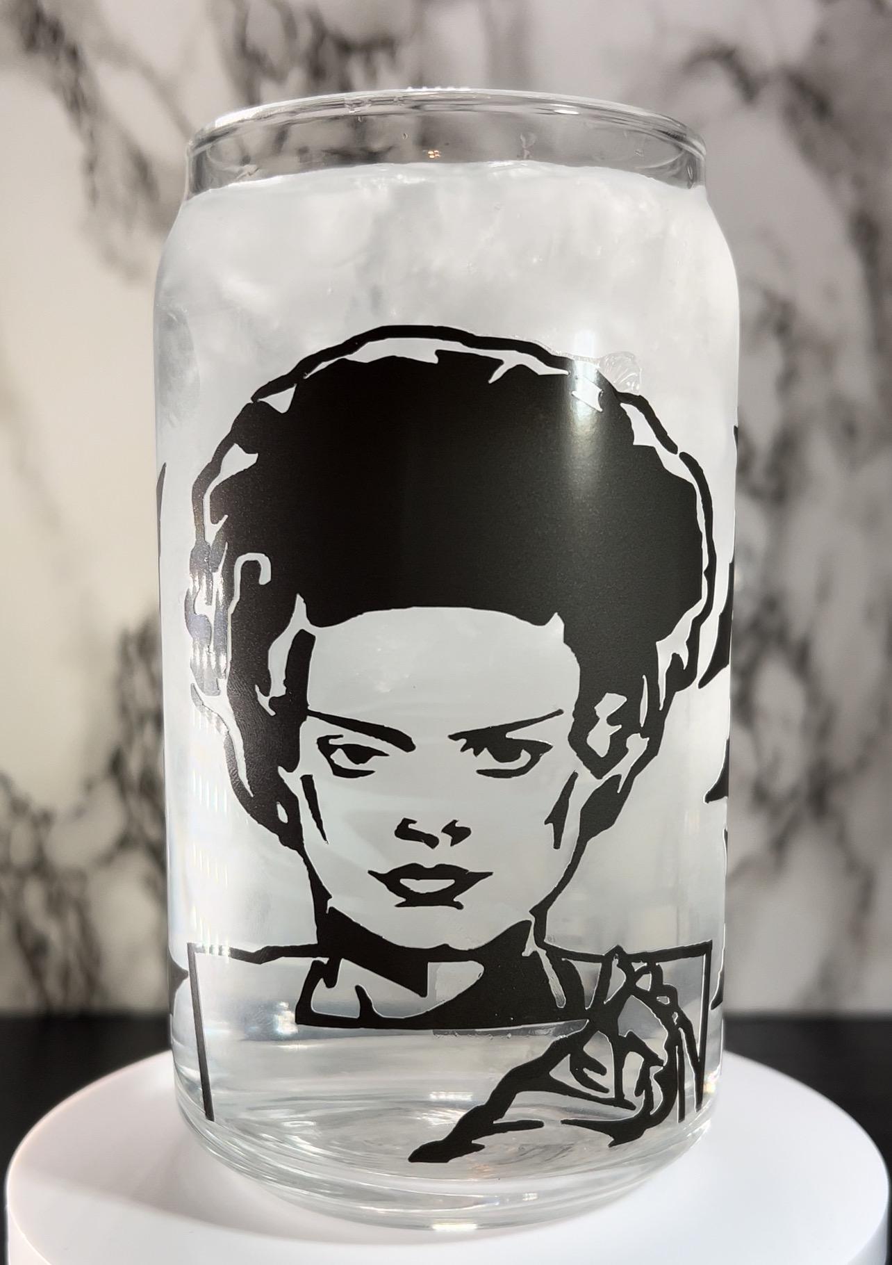 Frankenstein & Bride of Frankenstein cold color changing permanent vinyl on a libbey beer can glass.