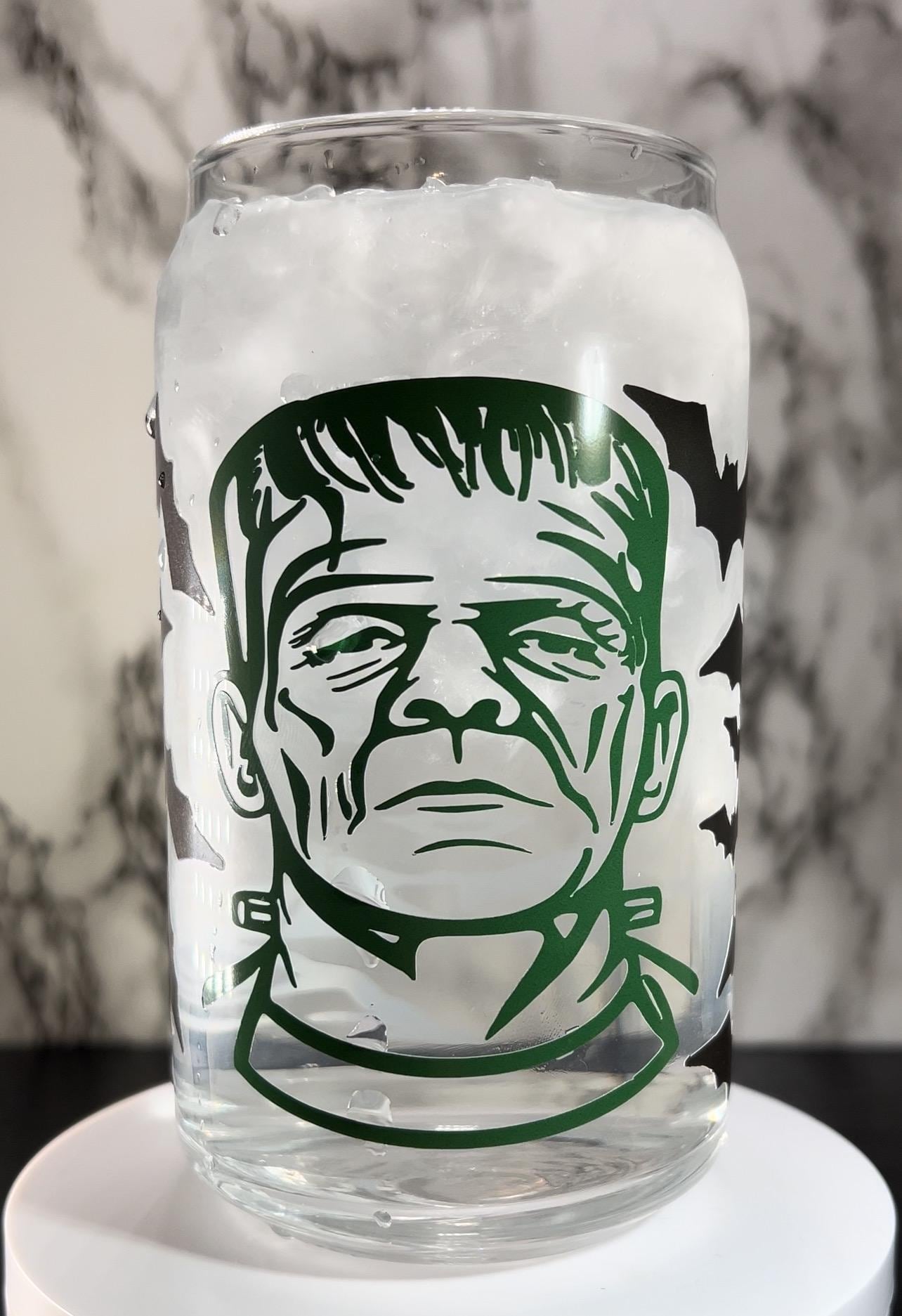 Frankenstein & Bride of Frankenstein cold color changing permanent vinyl on a libbey beer can glass.
