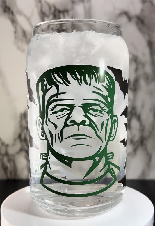 Frankenstein & Bride of Frankenstein cold color changing permanent vinyl on a libbey beer can glass.