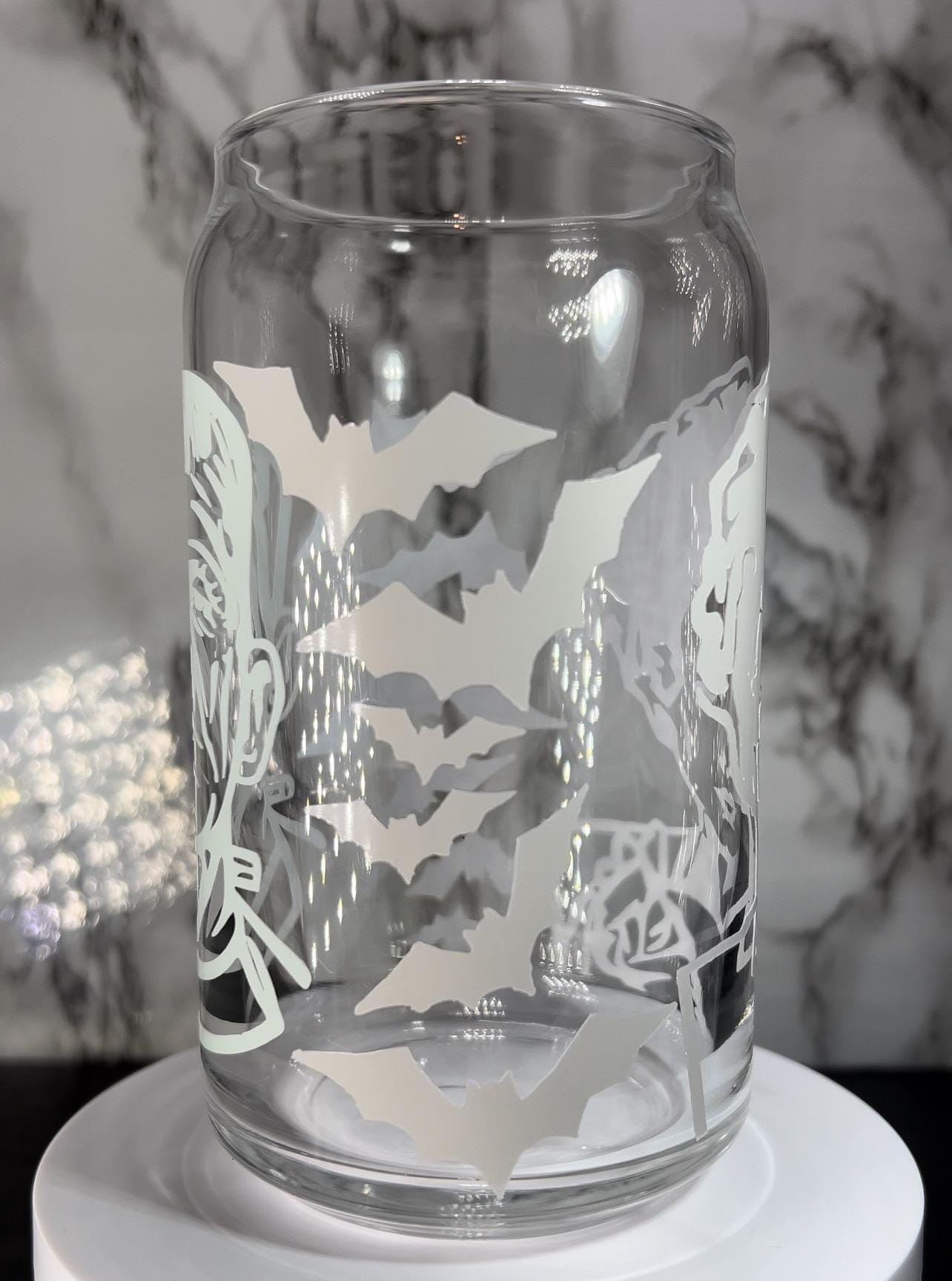 Frankenstein & Bride of Frankenstein cold color changing permanent vinyl on a libbey beer can glass.