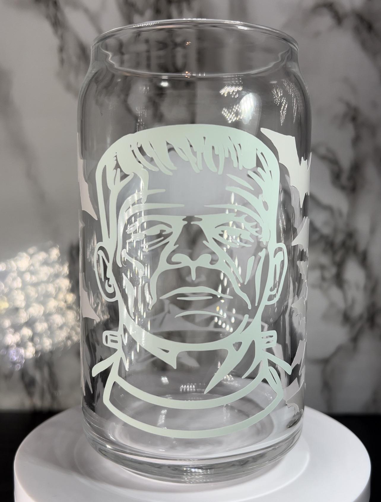 Frankenstein & Bride of Frankenstein cold color changing permanent vinyl on a libbey beer can glass.