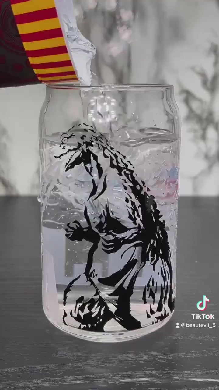 Gojira Godzilla color changing permanent vinyl on a libbey beer can glass