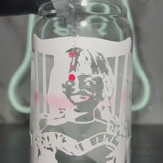 Annabelle The Conjuring color changing red permanent vinyl on a libbey beer can glass