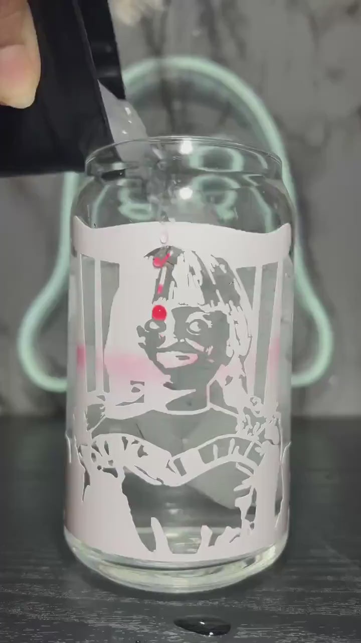 Annabelle The Conjuring color changing red permanent vinyl on a libbey beer can glass