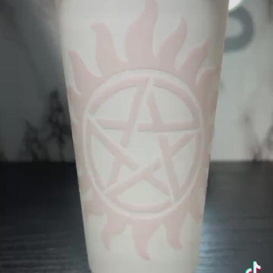All Red Supernatural sigils color changing permanent vinyl on a white cold cup