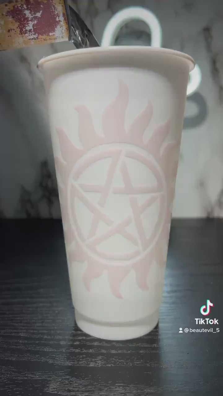 All Red Supernatural sigils color changing permanent vinyl on a white cold cup