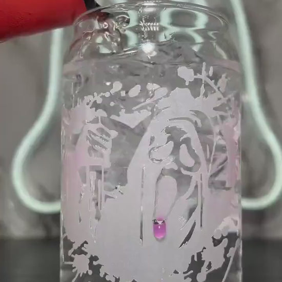 Valentine's Day Scream Ghostface cold rose pink color changing permanent vinyl on a libbey beer can glass.