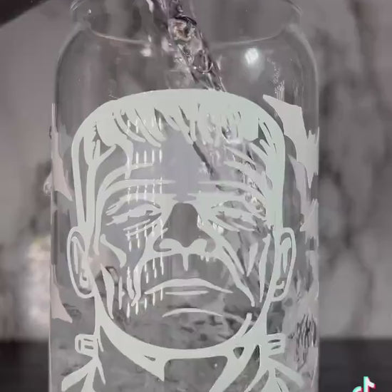 Frankenstein & Bride of Frankenstein cold color changing permanent vinyl on a libbey beer can glass.
